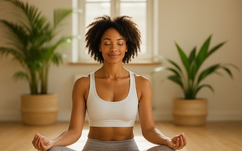 A calm woman meditating, representing wellness.