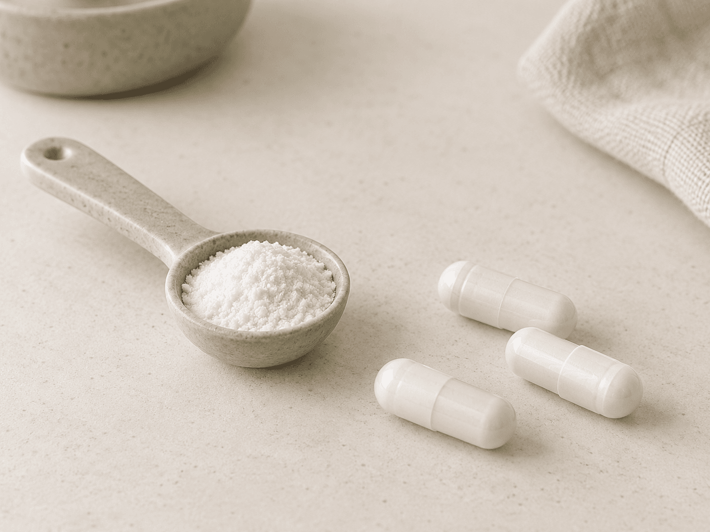A spoon of white powder beside three capsules on a pale surface