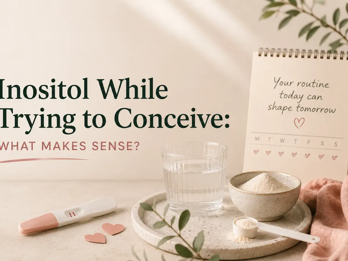 Pregnancy test, inositol powder, water and cycle calendar arranged for a trying-to-conceive guide.