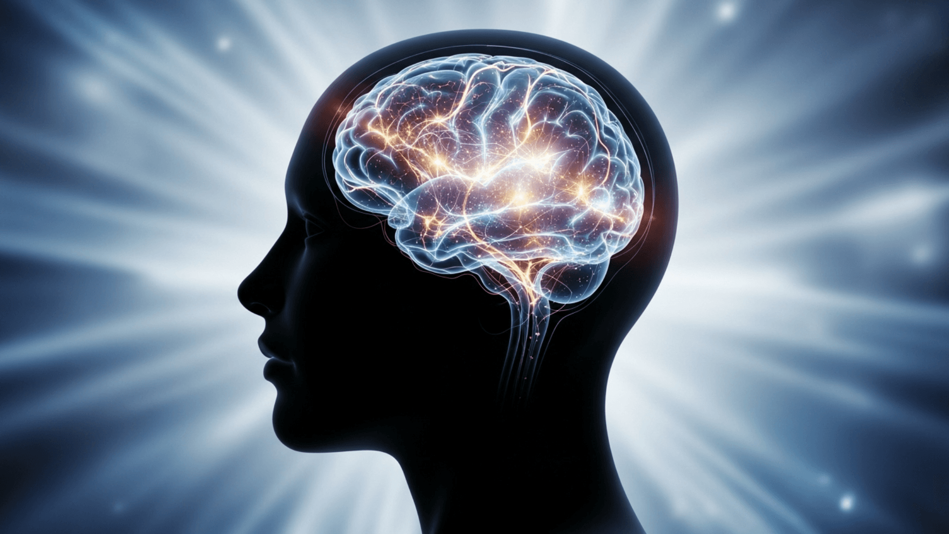 Conceptual image of a serene human brain silhouette with glowing, balanced neural pathways, representing how Inositol supports mental health and anxiety relief.