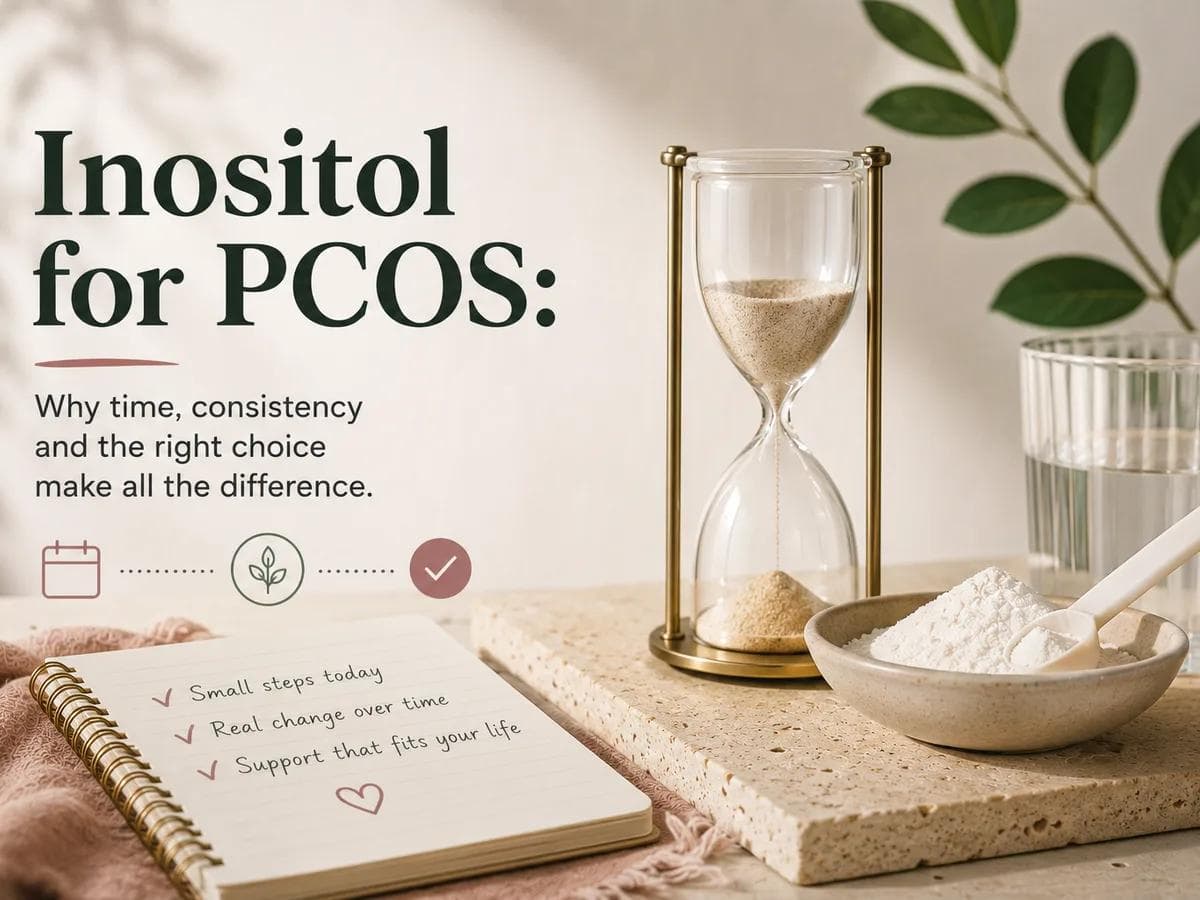 Hourglass beside inositol powder, water and a symptom-tracking notebook.