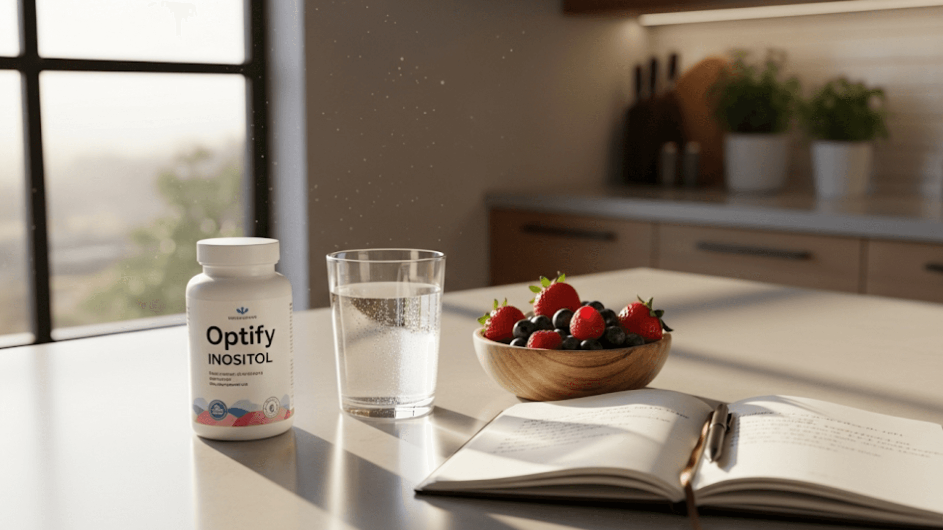 A daily routine for hormonal balance featuring a bottle of Myo & D-Chiro Inositol supplement on a kitchen counter with a glass of water, fresh berries, and a journal.