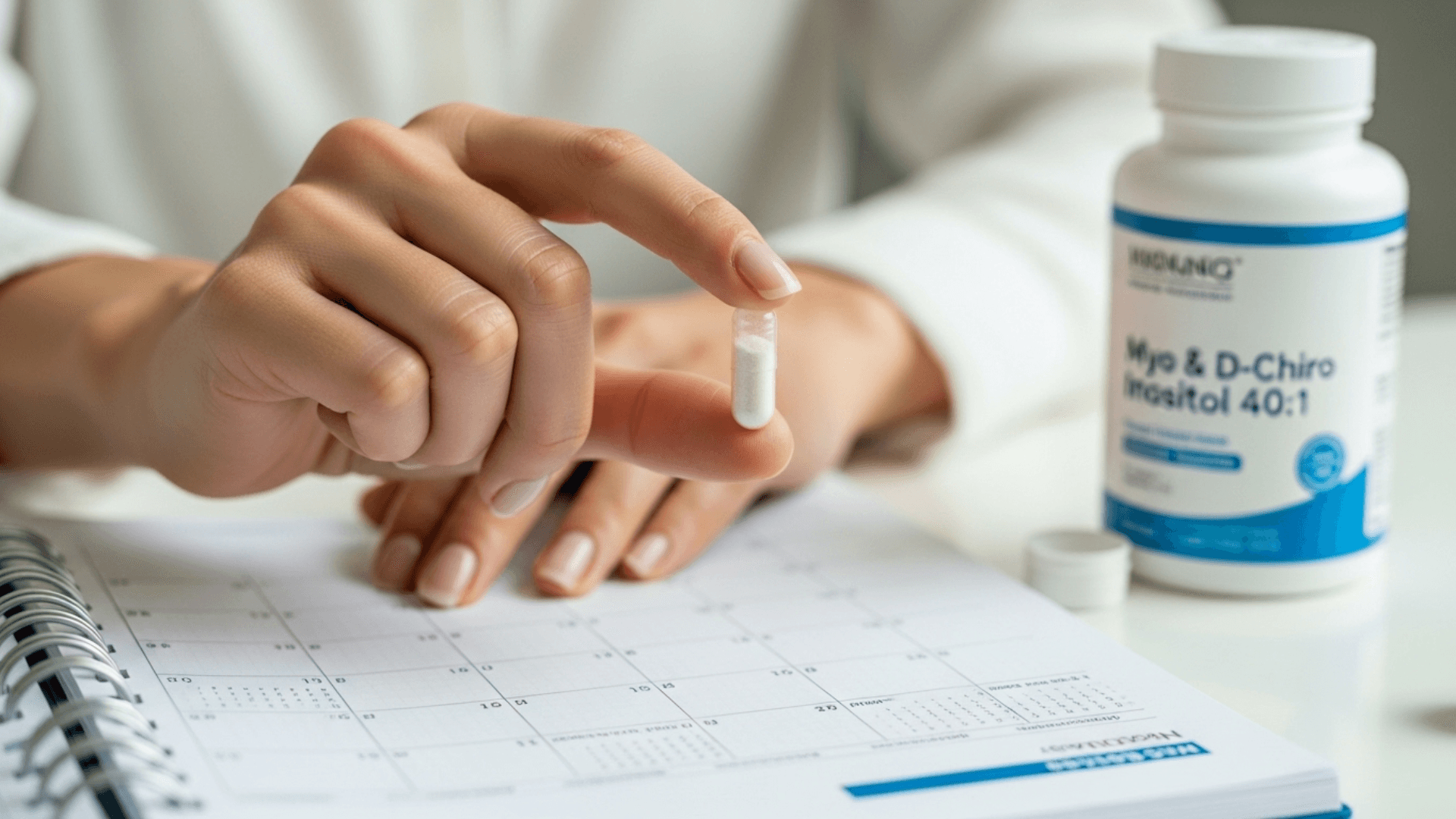 A woman's hand holding a clear capsule of a Myo & D-Chiro Inositol supplement, with a dosage chart and a calendar in the softly blurred background, representing a daily PCOS management routine.
