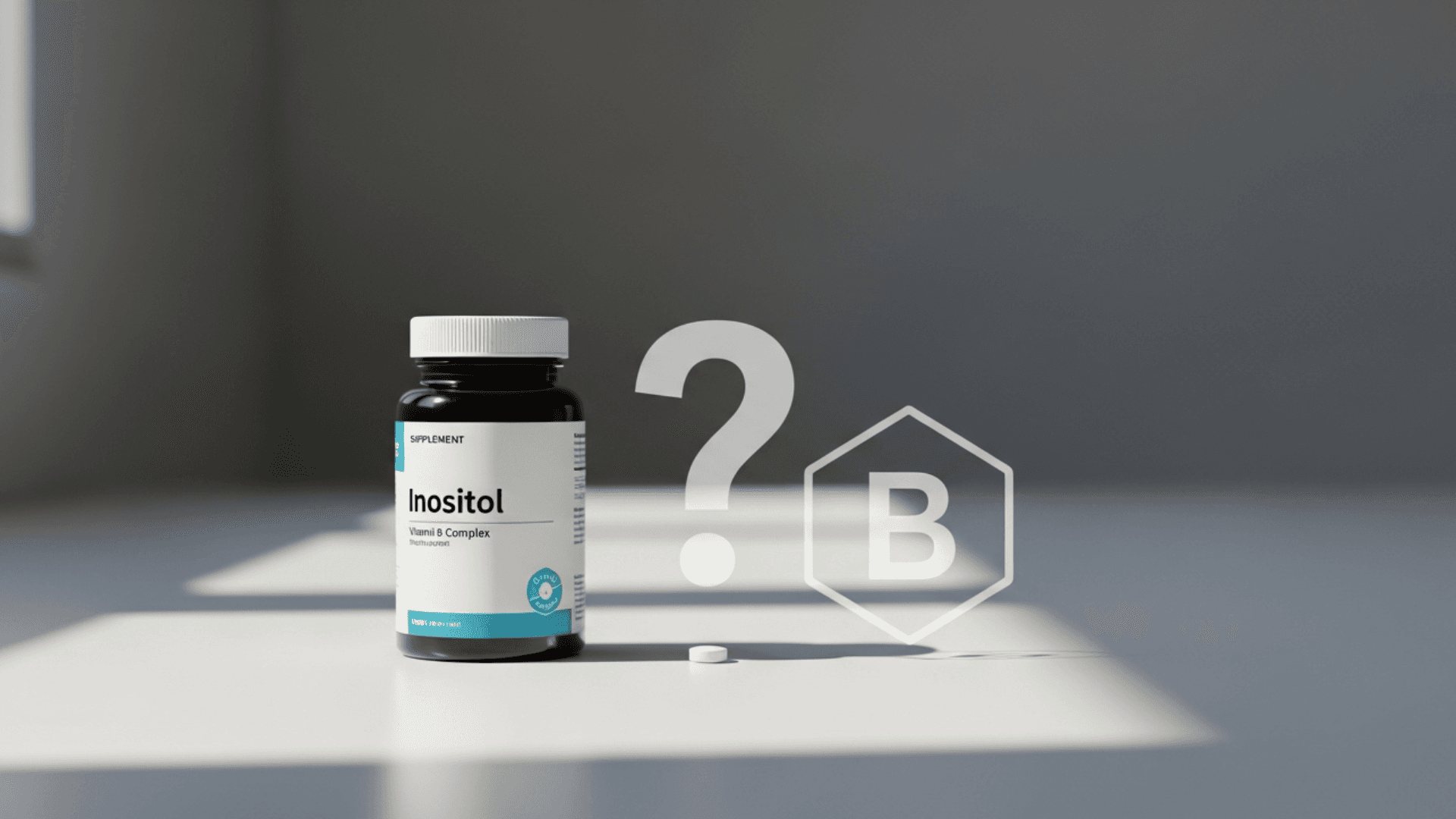 Conceptual image showing a bottle of Inositol supplement next to a stylized Vitamin B-complex icon with a question mark, illustrating the difference between them.