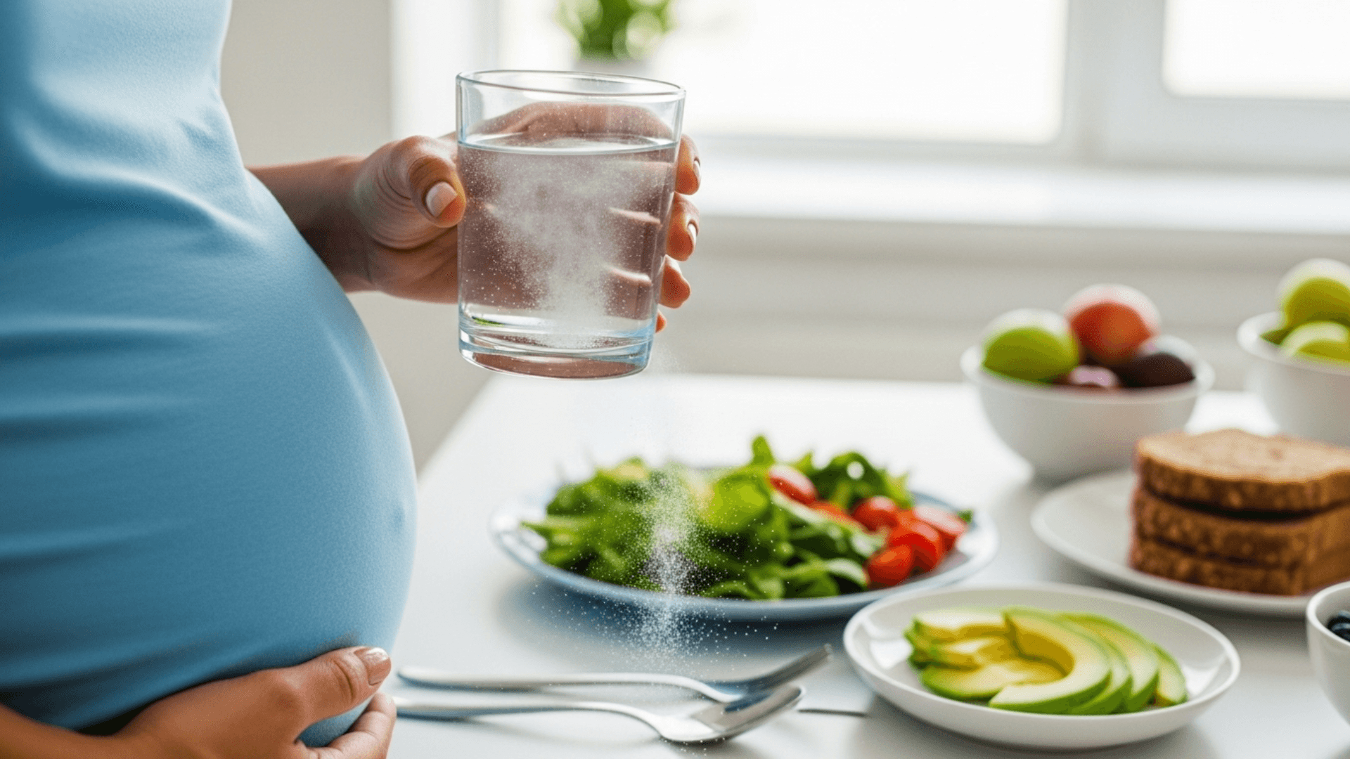 A serene photo of a visibly pregnant woman's hands holding a glass of water with inositol, symbolizing a safe and healthy routine to prevent gestational diabetes.
