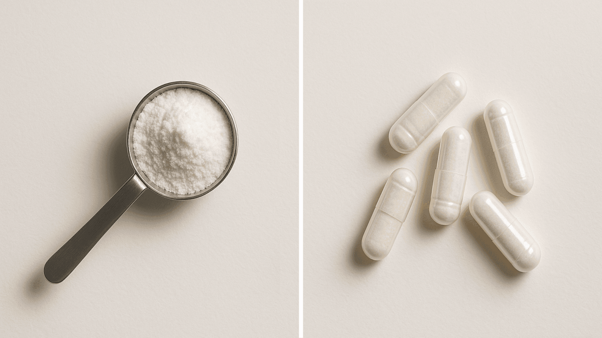 Side-by-side comparison of a scoop of white inositol powder next to a few clear inositol capsules on a clean, modern surface, representing the choice between the two forms.