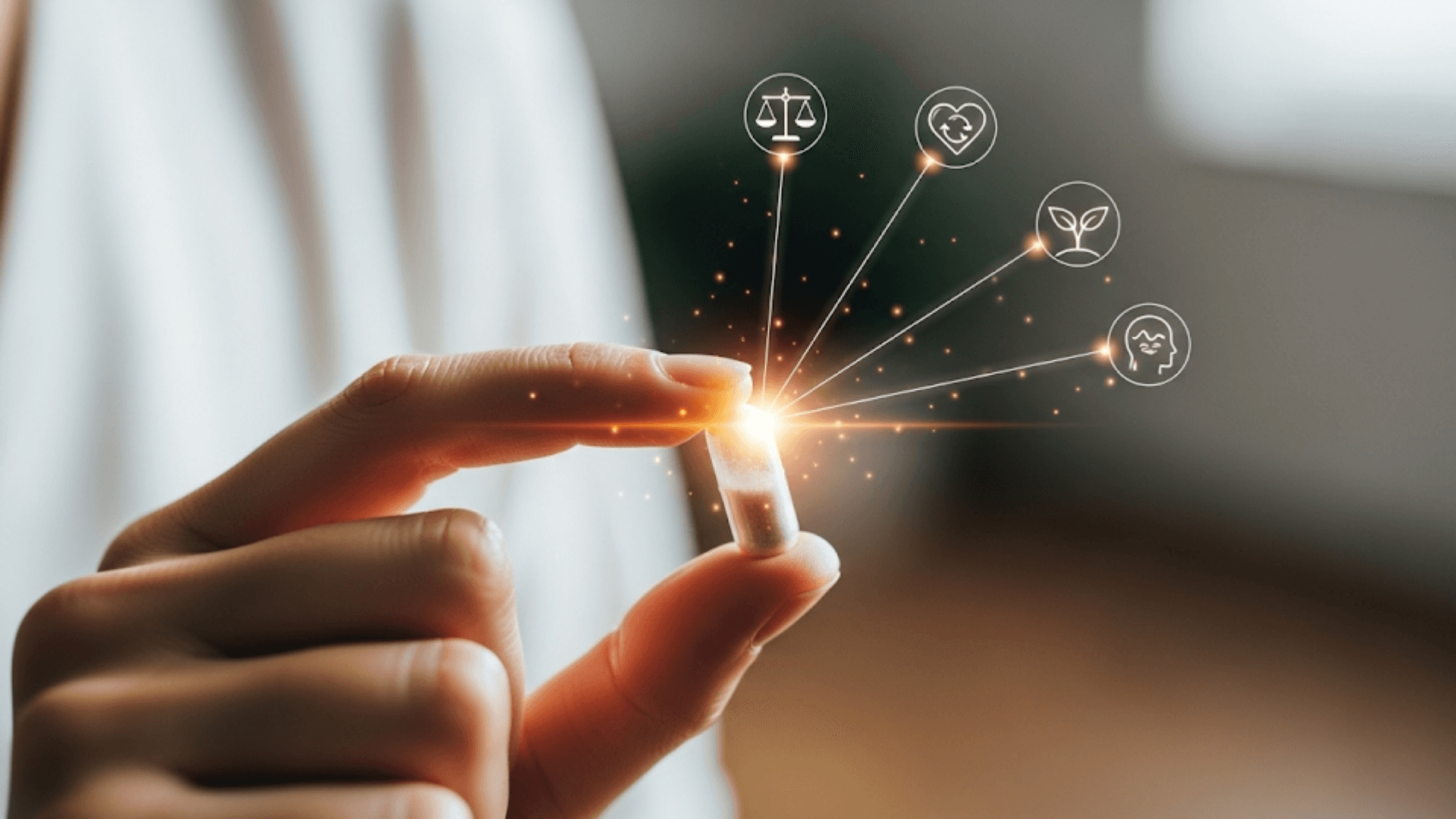 A vibrant and clean image showing a hand holding a clear inositol capsule, with glowing icons representing its main health benefits (hormonal balance, fertility, metabolic support) radiating outwards.