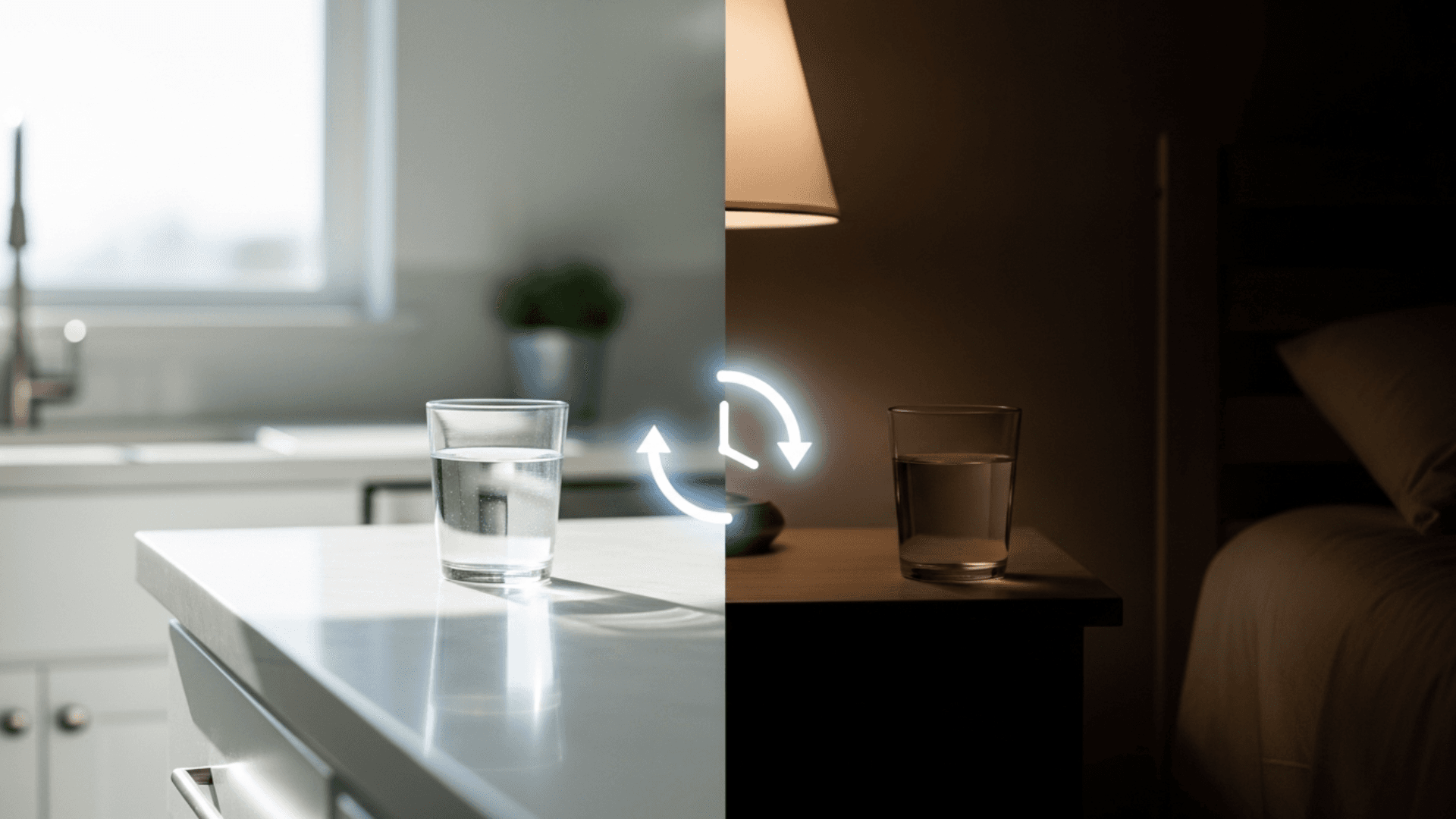 A split-screen image showing a bright, sunny morning window on the left and a calm, starry night sky on the right, with a stylized inositol molecule in the center, representing the choice of when to take it.