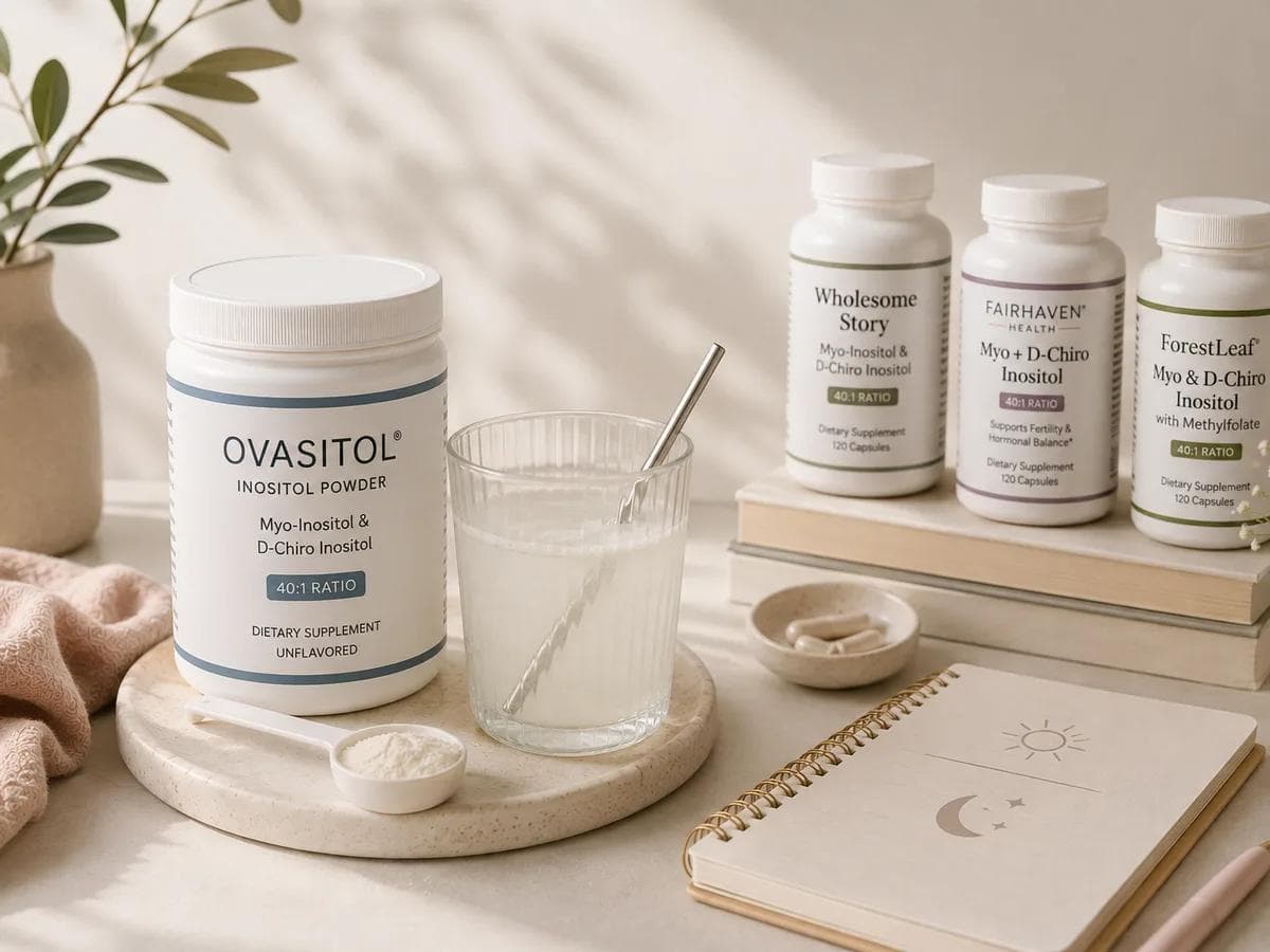 Inositol powder and capsule products beside water and a daily routine notebook.
