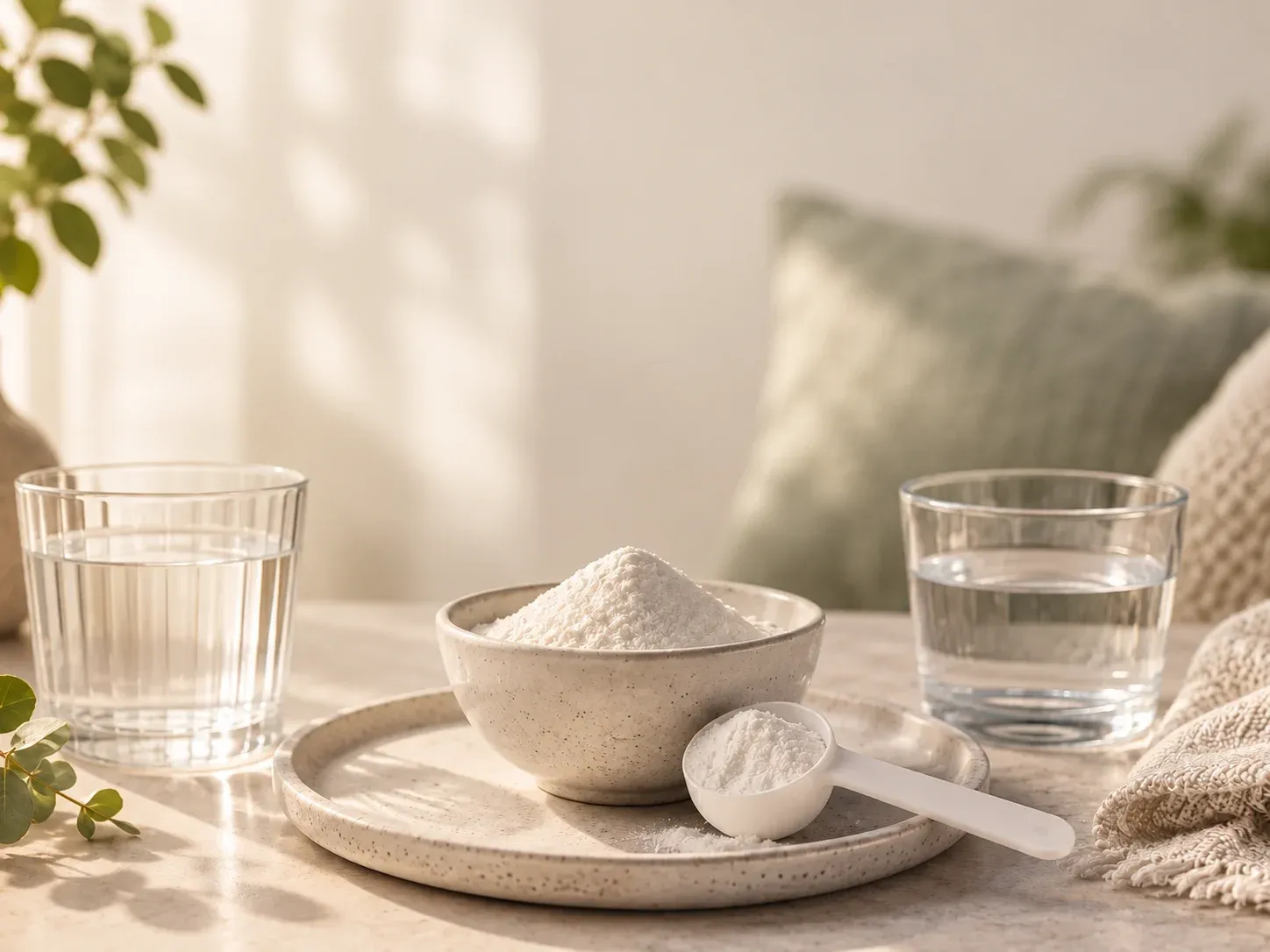 Unbranded powder and scoop beside two glasses of water.
