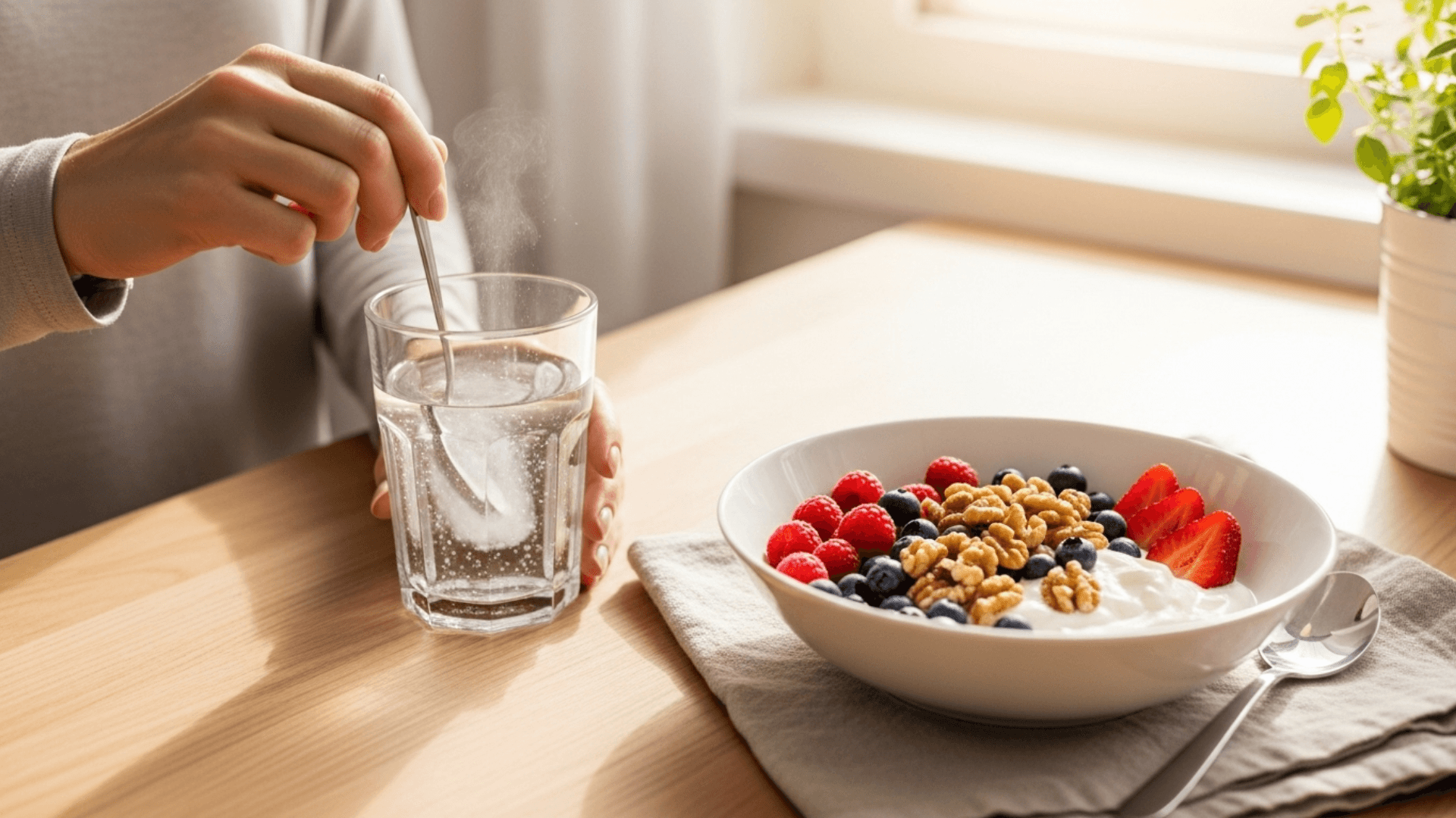 A reassuring photo showing a woman taking her daily inositol supplement with a healthy meal, illustrating how to avoid digestive side effects like bloating.